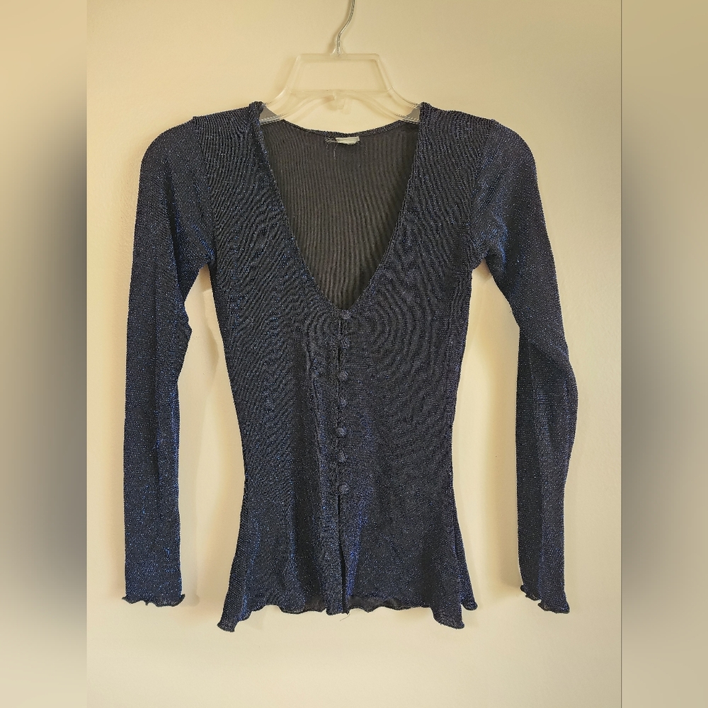 Women's Retro Blue Mesh Long Sleeve Button Blouse